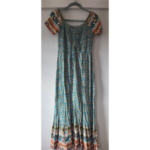 Elegant Floral Maxi Dress - Blue and Brown